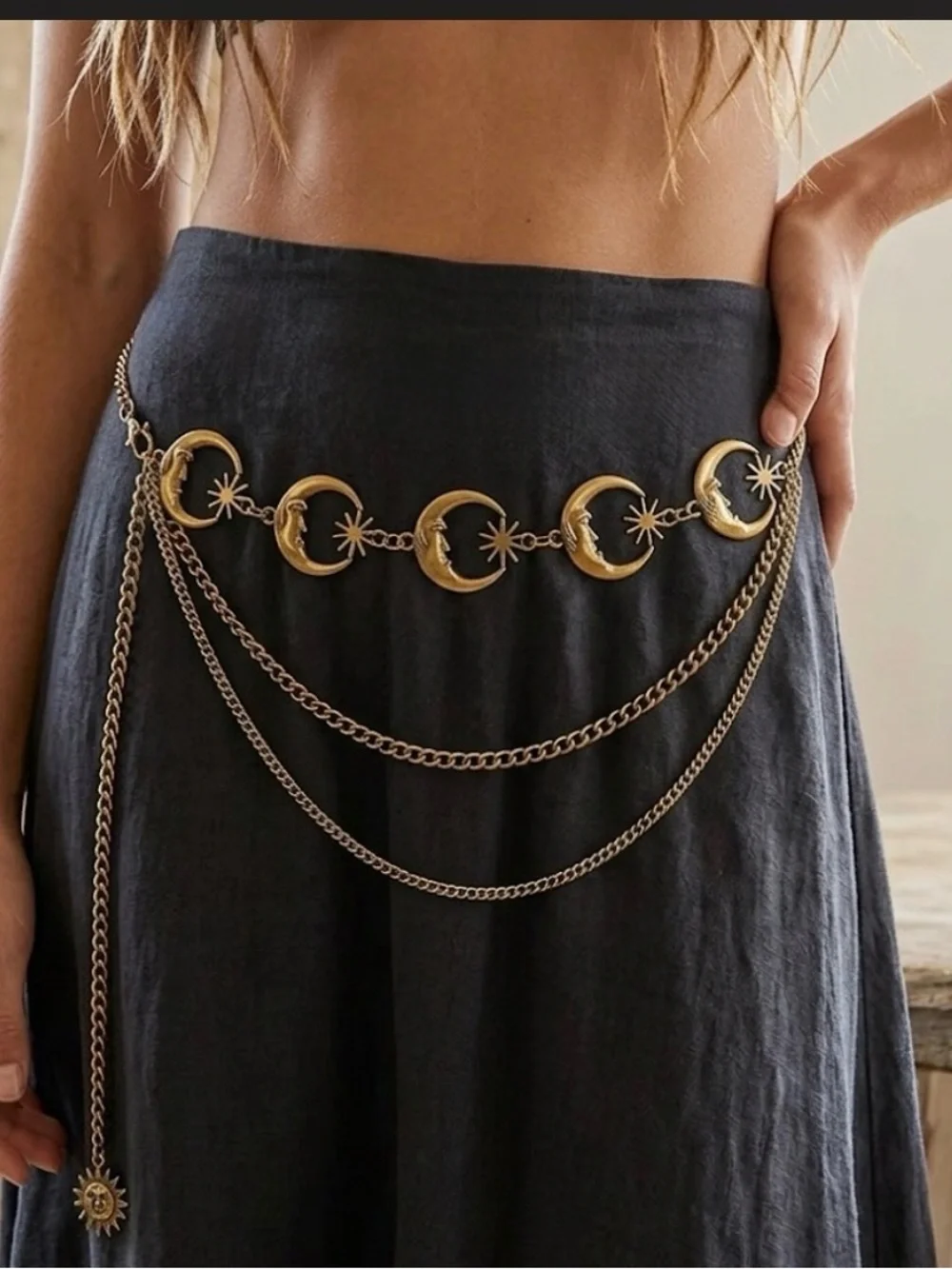 Gold Crescent Moon & Star Chain Belt